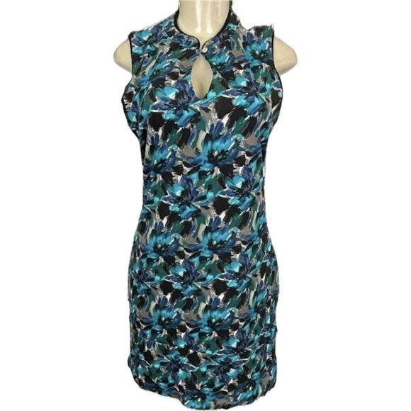 MaxSport M Teal-Blue Floral Keyhole Button Neckline Sleeveless Mini Sports Dress - Picture 2 of 6